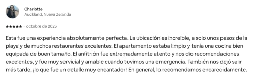 Critique cinq étoiles de Charlotte pour Finques Garcia Enrich à Palafrugell, louant l'emplacement, la propreté et le service