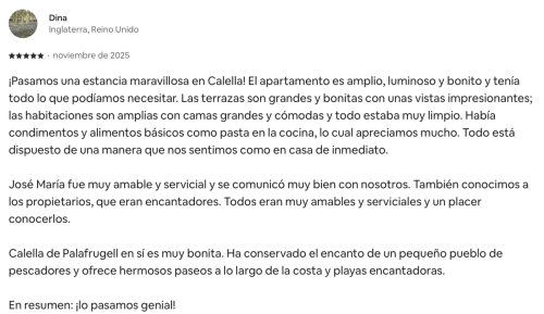 Avis cinq étoiles de Dina louant l'appartement Finques Garcia Enrich à Palafrugell, Espagne pour ses chambres spacieuses et son excellent