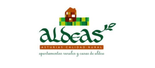 Logotipo de Aldeas Asturias con una casa roja y bandera de cuadros verdes para alojamientos rurales en Asturias