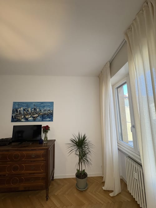 Camera moderna presso Le Arche Verona con cassettone in legno, pianta in vaso, TV a schermo piatto e tende trasparenti con vista