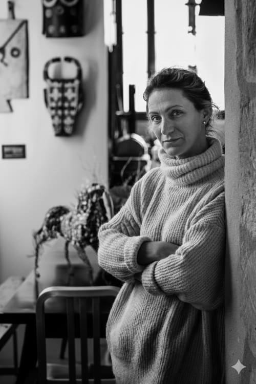Femme en pull col roulé douillet à l'Alombre B&B à Lectoure, France, avec œuvres d'art locales