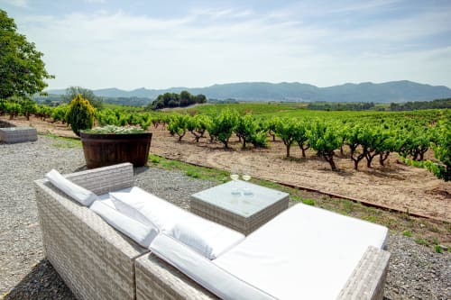 Zona de descanso al aire libre con vistas a los viñedos de Masia Can Canyes en Sant Llorenç d'Hortóns, España