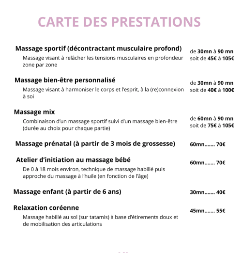 Menu des services de massage et spa de Lady Jule, boutique hôtel à Sainte-Luce-sur-Loire