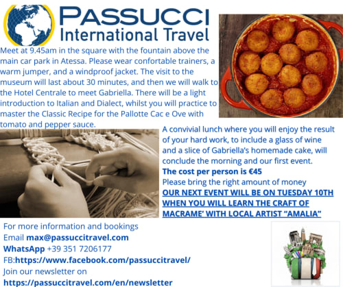 Evento Passucci International Travel ad Atessa: corso di cucina con polpettone italiano e laboratorio di macramé