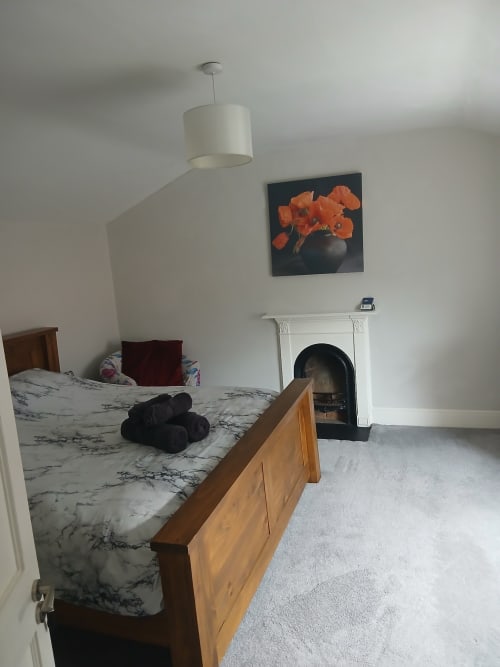 Spacious Super King bedroom at Eglinton Road Bray with marble bed, fireplace, pendant light, and orange floral artwork on