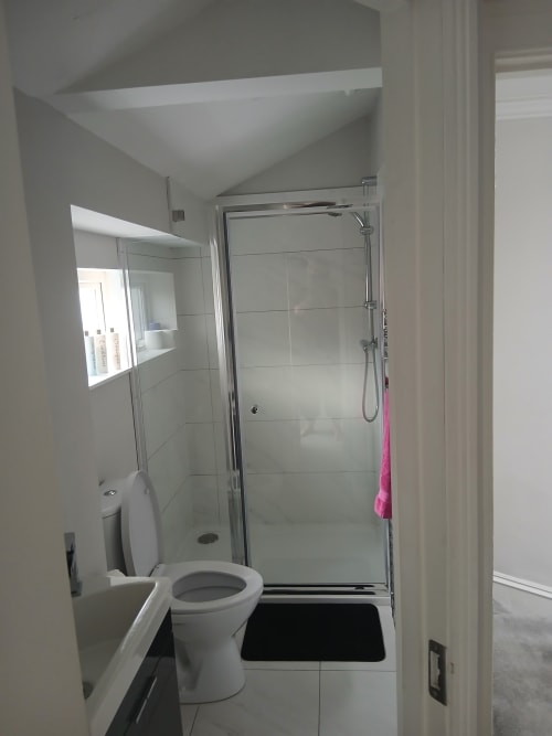 Modern ensuite bathroom with shower, toilet, and mirror at Eglinton Road Bray hotel in Bray, Ireland
