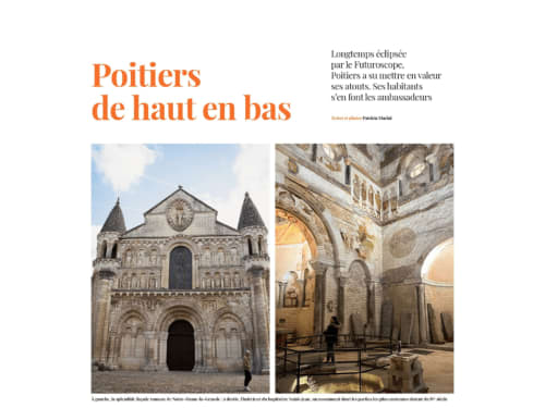 Notre-Dame-la-Grande church facade and interior, Poitiers. Historic Romanesque architecture near Clos des Moulins B&B.