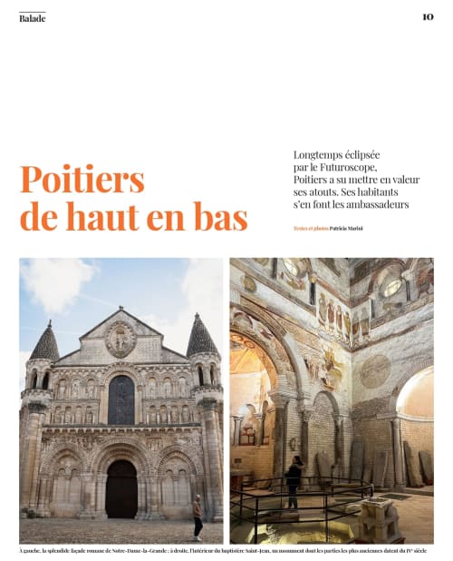Architecture romane de Poitiers : façade de Notre-Dame-la-Grande et intérieur du baptistère, Clos des Moulins à proximité