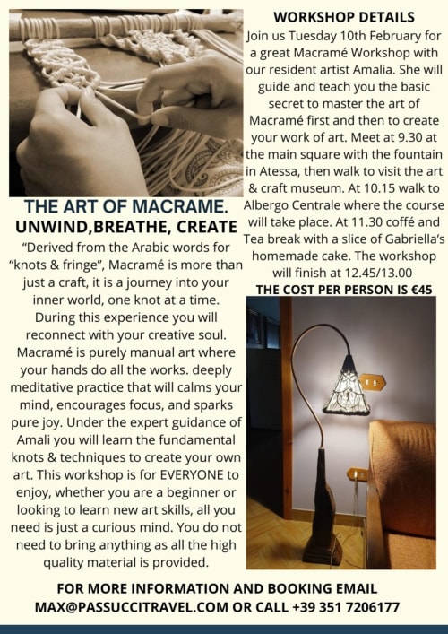 Dettagli del laboratorio di macramé a Tales of Abruzzo ad Atessa con l'insegnante Amalia il 10 febbraio