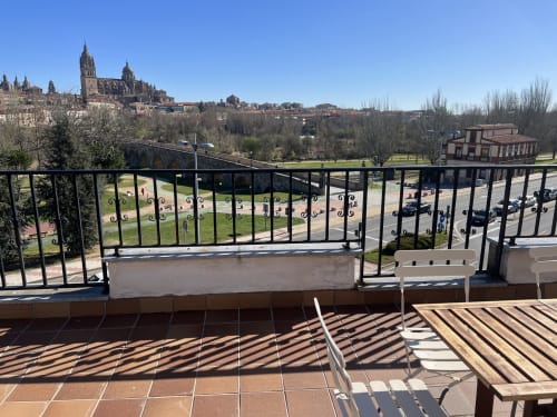 Terraza con vistas al icónico monumento de la Catedral de Salamanca, España. Apartamento AlmaMaterSalamanca con vista al centro histórico