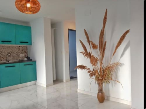 Cocina moderna en apartamento de Jerez de la Frontera con muebles turquesas, suelos de mármol y hierba de la pampa decorativa
