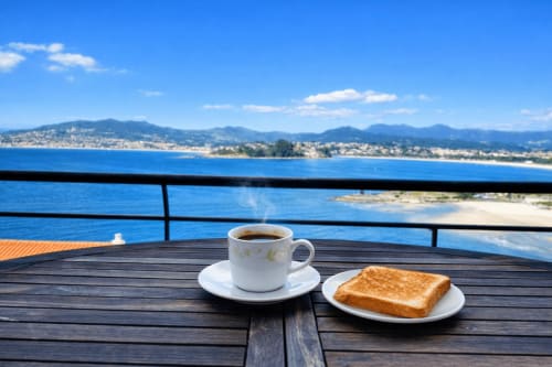 Café y tostadas en una terraza con vistas a la bahía y montañas de Baiona, Galicia España