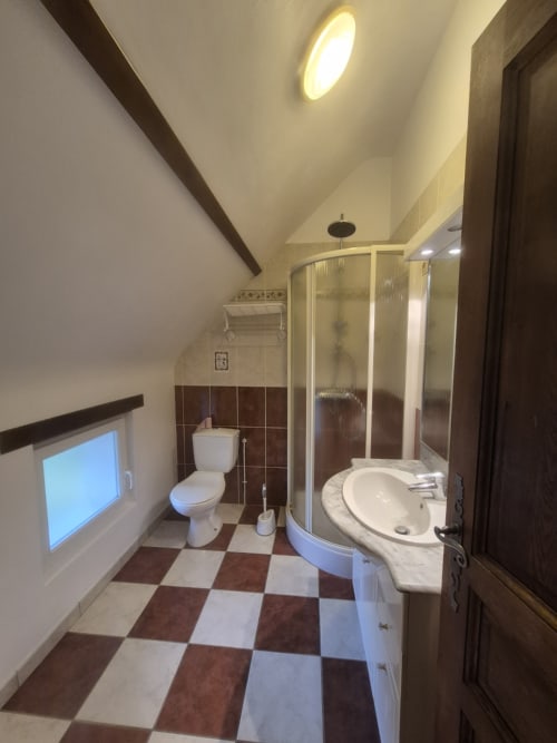 Salle de bain moderne avec sol à carreaux, douche d'angle, lavabo rond et puits de lumière au gîte Le Moulin Garnier, Vernou-sur-Brenne