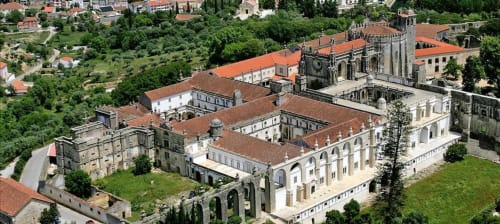 Aerial view of Quinta da Alcaidaria-Mór, a historic Portuguese estate with traditional architecture near Fátima, Ourém