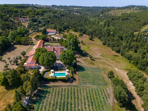 Aerial view of Quinta da Alcaidaria-Mór boutique hotel in Ourém with red-roofed buildings, swimming pool, and surrounding