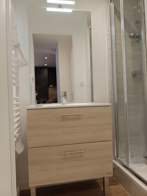 Salle de bain moderne du Gîte des Gônes avec meuble-vasque en bois, grand miroir et douche vitrée