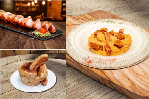 Diferentes preparaciones del Torrezno de Soria Cortado de bar Patatas meneadas Con torrezno