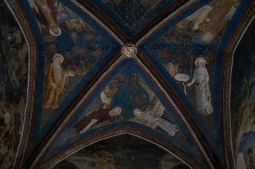 Medieval frescoes on vaulted ceiling at Le Prieuré Notre-Dame, Montfrin