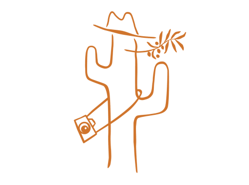 Minimalist line drawing of person with camera at Le Prieuré Notre-Dame B&B, Montfrin