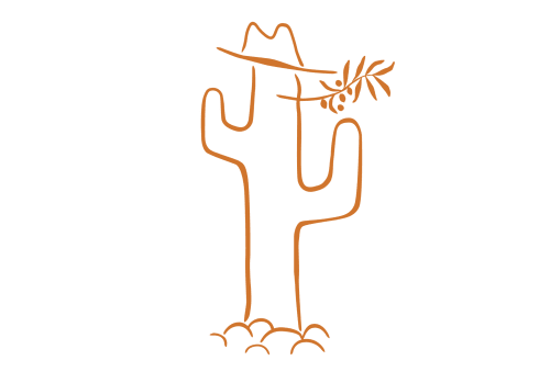 Dessin minimaliste au trait d'un cactus avec chapeau de cow-boy et branche, représentant Le Prieuré Notre-Dame de Montfrin