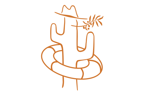 Minimalist line drawing of a welcoming figure holding an olive branch at Le Prieuré Notre-Dame, Montfrin