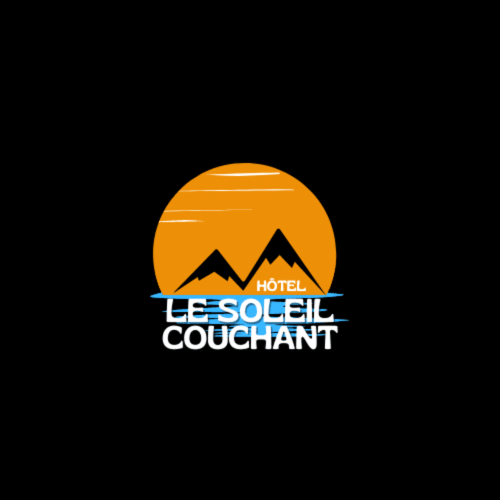 Logo de l'Hôtel le Soleil Couchant avec un soleil orange et des silhouettes de montagnes, Saint-Pierre, La Réunion