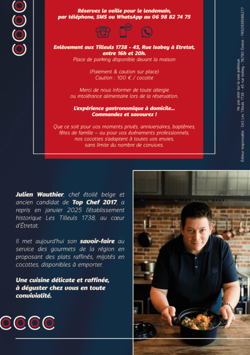 Flyer pour présenter Julien W. qui fait des cocottes à déguster dans les gîes du Clos Delamare