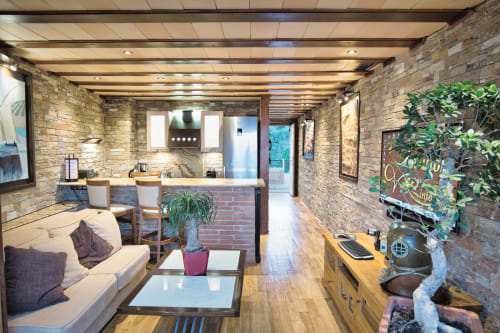 Studio Banyuls moderne avec murs en briques, poutres apparentes, séjour, kitchenette et plantes luxuriantes
