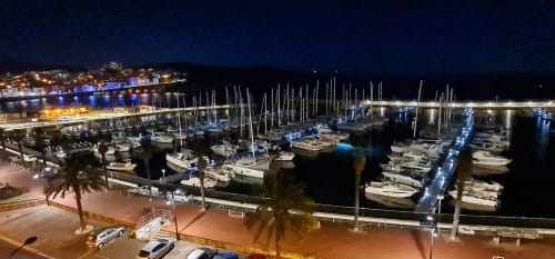 Vue nocturne de la marina de Banyuls-sur-Mer avec voiliers illuminés, palmiers et lumières côtières se reflétant sur l'eau