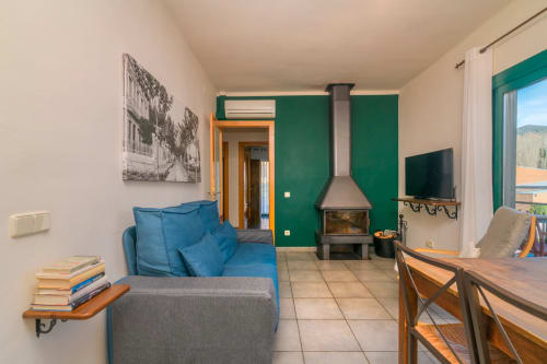 Spacious apartment living room at Rural Montseny with blue sofa, fireplace, green accent wall, and mountain views through