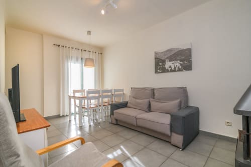 Bright living room in Rural Montseny apartment with gray sofa, dining table, TV, and mountain view artwork in Gualba