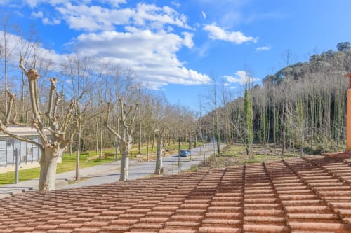Brick terrace overlooking tree-lined avenue at Rural Montseny cottage in Gualba, Spain, with blue sky above