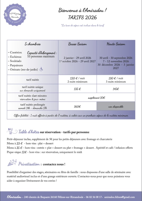 L'Amiradou Félines-sur-Rimandoule 2026 tariffs for 5 guest rooms with seasonal rates and dining options