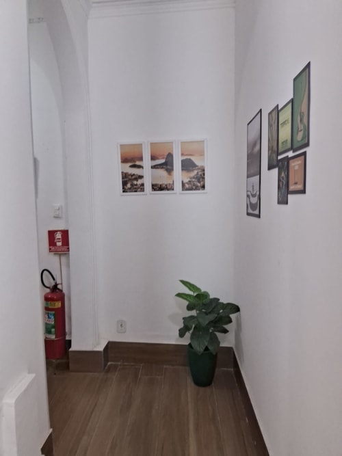 Corredor do hostel Rio Vibes no Rio de Janeiro com fotografias de natureza emolduradas, planta em vaso, extintor e elementos de madeira