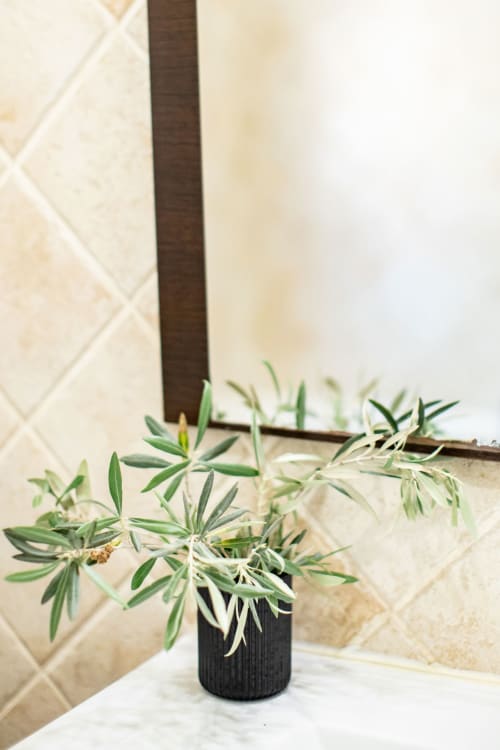 Olive branch in black vase at Finca Navalpino, a boutique bed and breakfast in Guadamur, Spain
