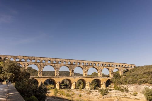 Pont du Gard ancient Roman aqueduct bridge near Le Prieuré Notre-Dame in Montfrin, France