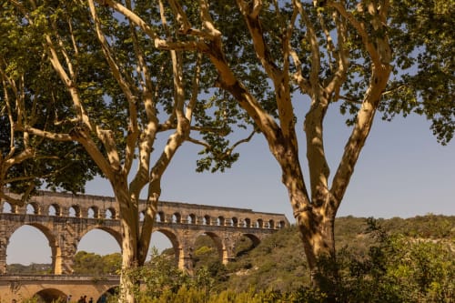 Ancient Roman aqueduct Pont du Gard framed by tall trees near Montfrin, France