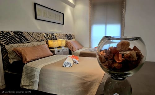 Camera da letto moderna nell'appartamento La Dolce Vita, Campagnano di Roma, con letto decorato, porte con vista mare e vaso in vetro ornamentale