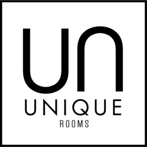 Logo del hotel Unique Rooms en Burgos, España - diseño minimalista en negro con letras geométricas U y N