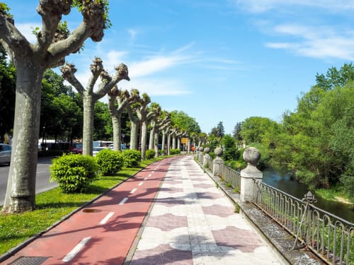 Paseo arbolado con camino decorativo y barandillas junto al río en Burgos, España, cerca del hotel Unique Rooms
