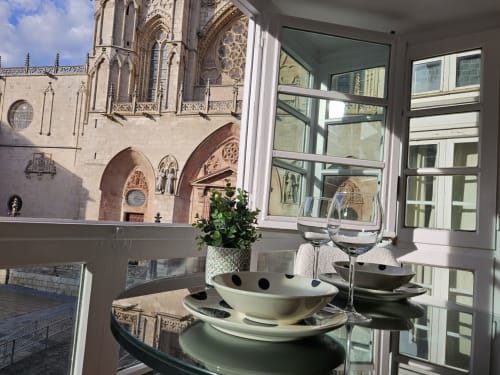 Vista de la Catedral de Burgos desde apartamento Unique Rooms con zona de comedor y planta en el alféizar