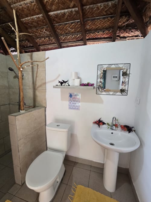 Modern bathroom at Tikehau Herearii BnB with pedestal sink, toilet, shower, mirror, and tropical flower decorations
