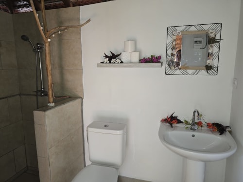 Modern bathroom in Fare Raupea room at Tikehau Herearii, Tuherahera, featuring pedestal sink, toilet, and decorated shelves