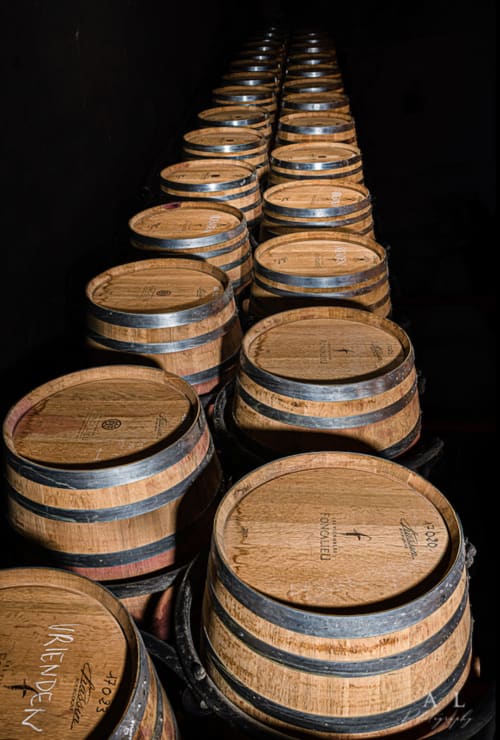 Barriles de vino en la bodega del Château de Villelongue, Villelongue-d'Aude, Francia