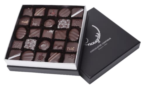 Caja surtida de chocolates de lujo de la chocolatería Nougat en Au Château De Villelongue, Villelongue-d'Aude