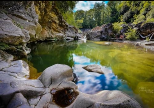 Tranquilla gola fluviale presso Torniella, Siena con rocce coperte di muschio, foresta rigogliosa e acqua cristallina che riflette il cielo
