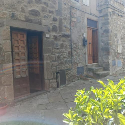 Esterno in pietra della B&B Torre Della Chiocciola a Monteriggioni con portoni in legno e piante verdi