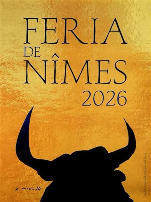 Feria de Nîmes 2026 poster featuring black bull silhouette on golden background, Montfrin accommodations