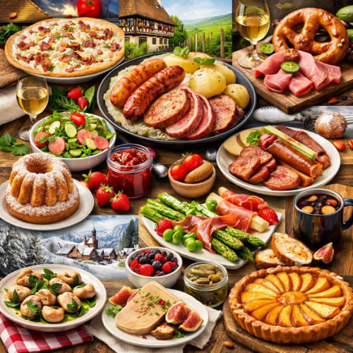 Assortiment de cuisine allemande traditionnelle à Théière & Couverts à Cernay : saucisses, bretzels, pizza, salades et pâtisseries accompagnées de vin.