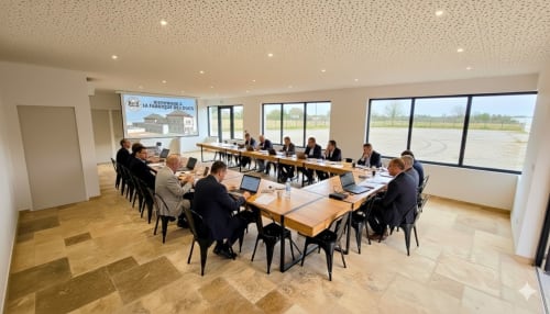 Geschäftstreffen im modernen Konferenzraum von Vindihouses mit Holztischen und großen Fenstern mit Blick auf Felder in Epinac